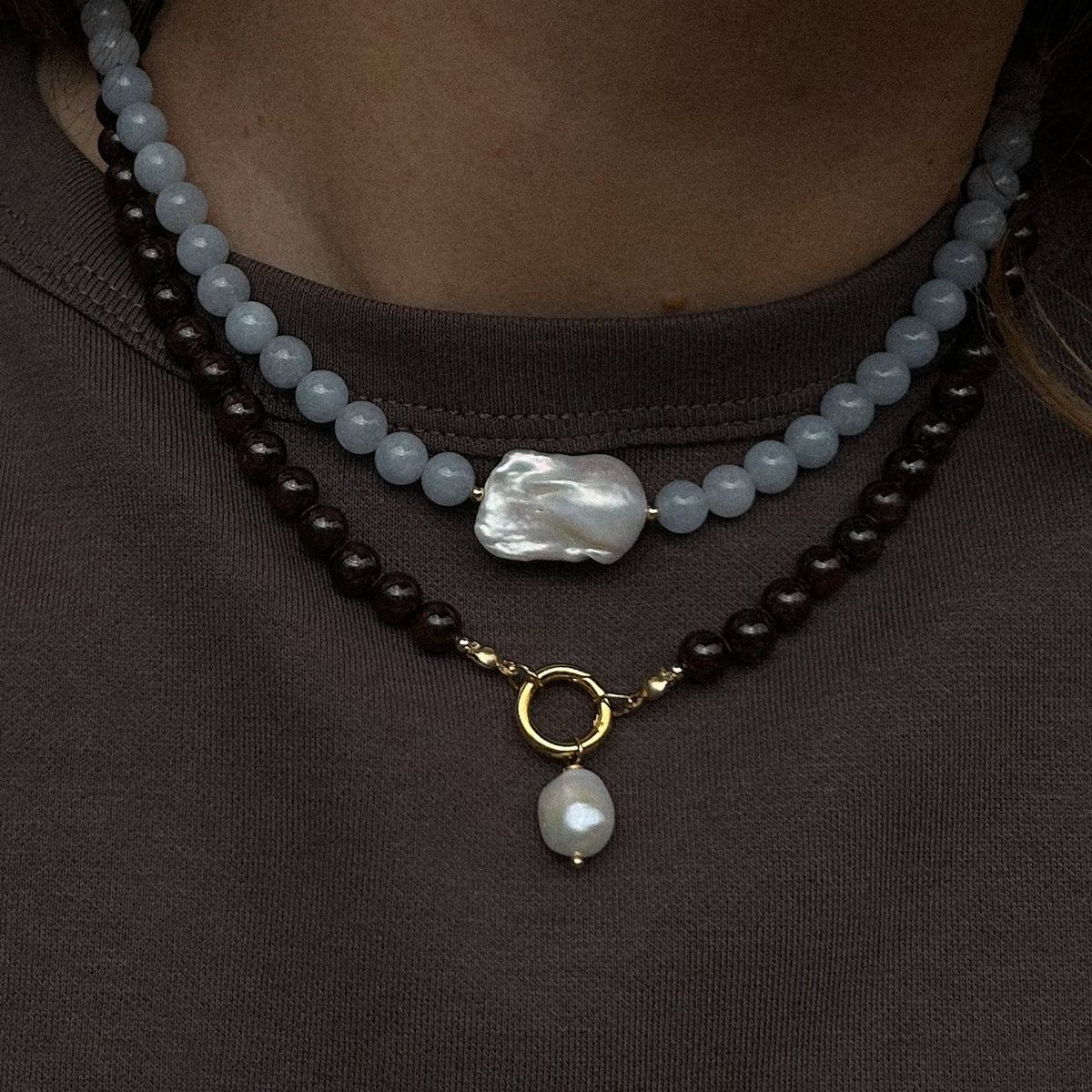 Garnet Pearl Drop Necklace - worn layered with Coastal Tide Pearl Necklace on model for jewellery styling | Token & Pearl