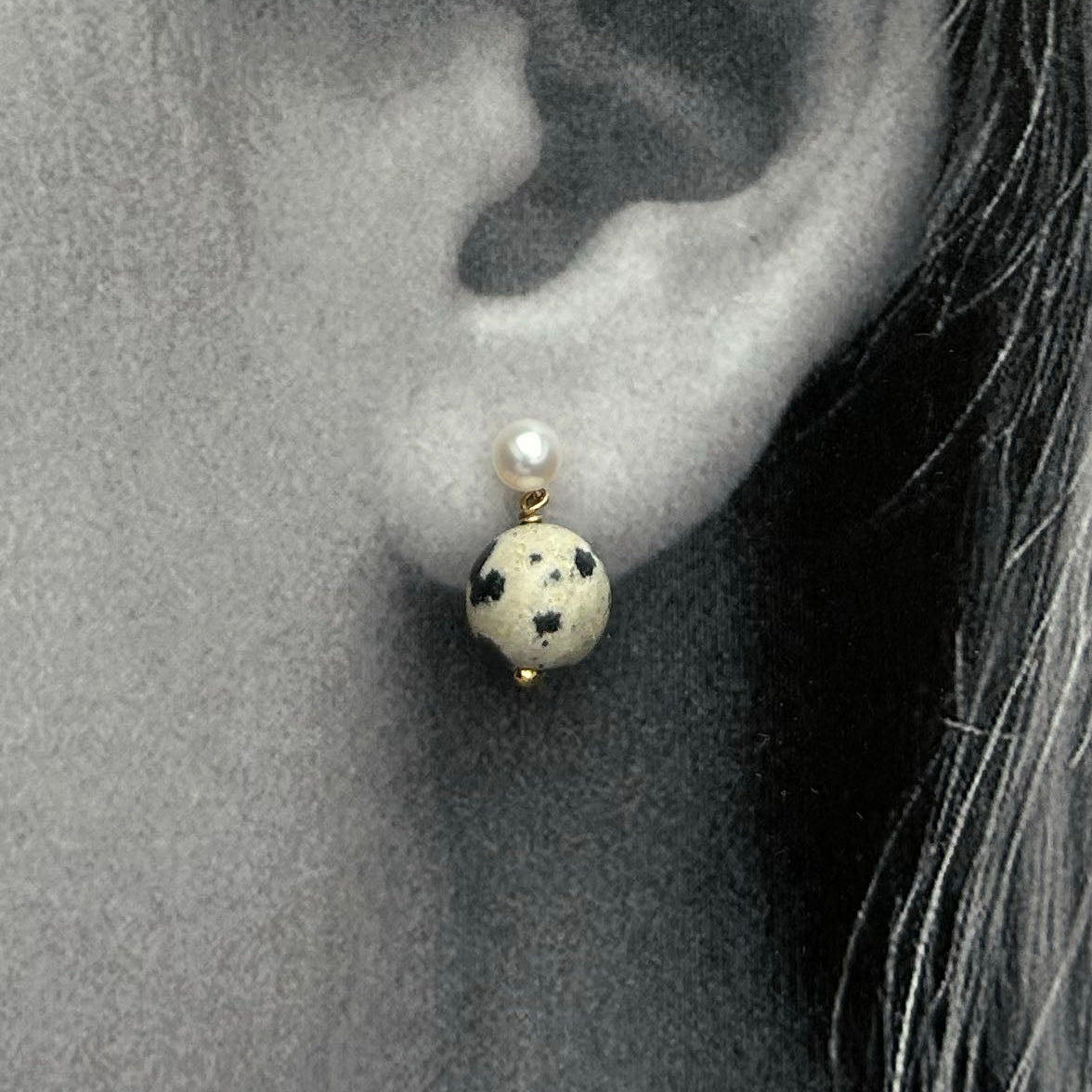 Dalmatian Jasper Pearl Stud Earrings - black and white close-up profile view showing pearl stud and spotted gemstone drop | Token & Pearl