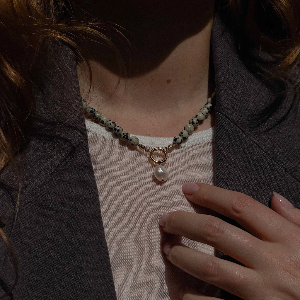 Dalmatian Jasper Pearl Drop Necklace