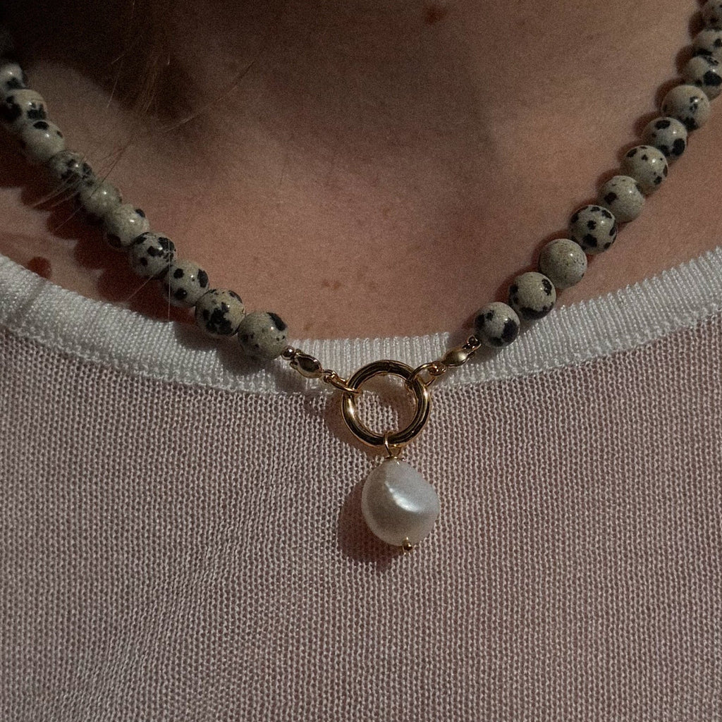 Dalmatian Jasper Pearl Drop Necklace