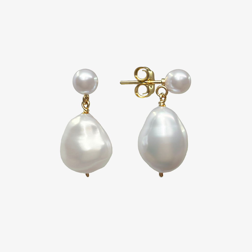 Alba Baroque Pearl Drop Earrings - close-up pair showing organic freshwater baroque pearl drops and gold stud fittings | Token & Pearl