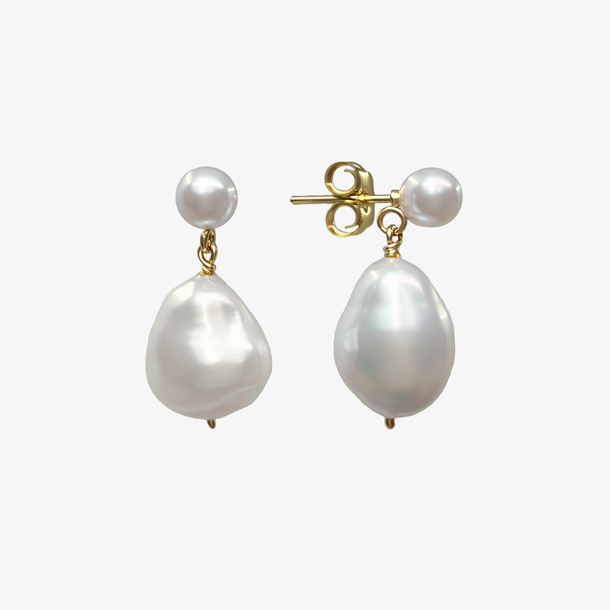 Alba Baroque Pearl Drop Earrings - close-up pair showing organic freshwater baroque pearl drops and gold stud fittings | Token & Pearl