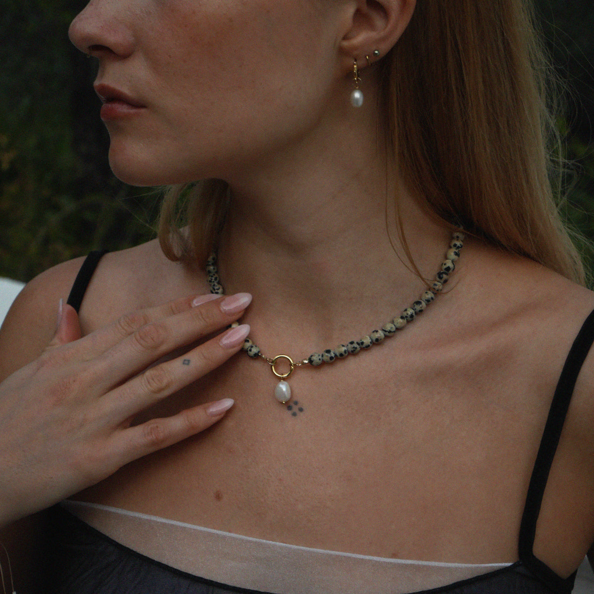 Dalmatian Jasper Pearl Drop Necklace