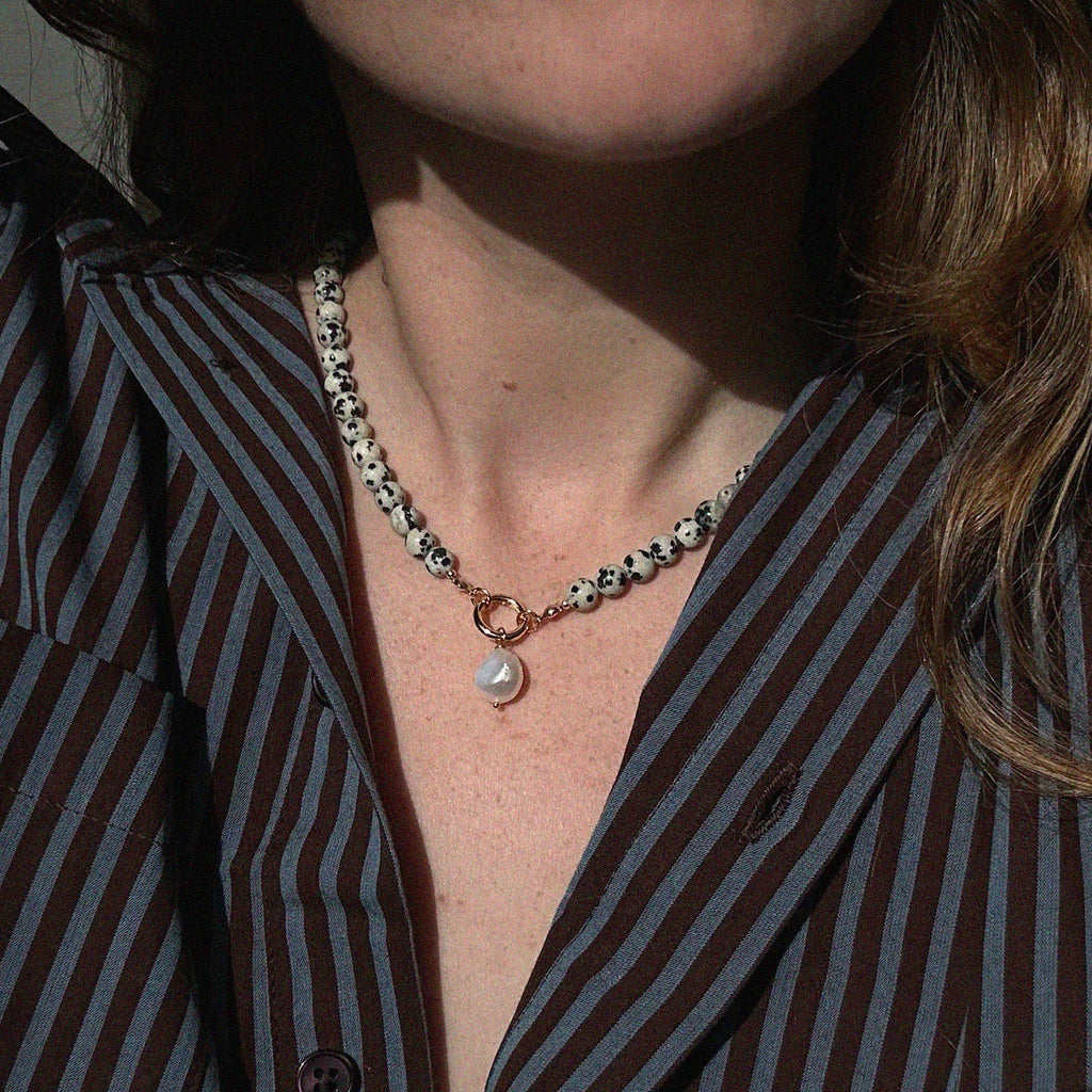 Dalmatian Jasper Pearl Drop Necklace
