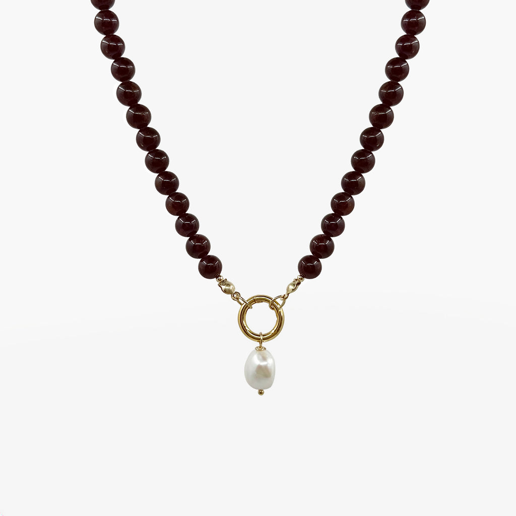 Garnet Pearl Drop Necklace - deep red garnet beaded strand with gold ring connector and baroque freshwater pearl pendant | Token & Pearl