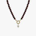 Garnet Pearl Drop Necklace - deep red garnet beaded strand with gold ring connector and baroque freshwater pearl pendant | Token & Pearl