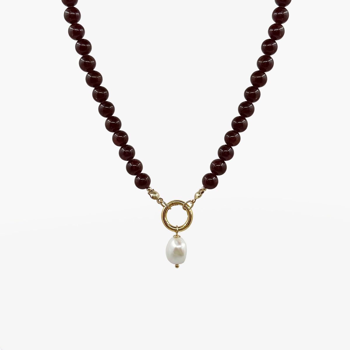 Garnet Pearl Drop Necklace - deep red garnet beaded strand with gold ring connector and baroque freshwater pearl pendant | Token & Pearl