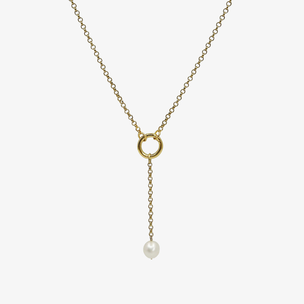 Aura Pearl Lariat Necklace - gold Y-chain with ring connector and freshwater pearl drop | Token & Pearl