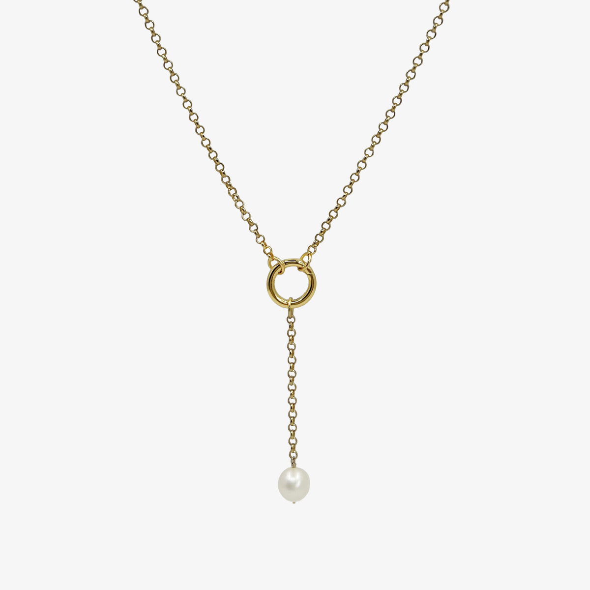 Aura Pearl Lariat Necklace - gold Y-chain with ring connector and freshwater pearl drop | Token & Pearl