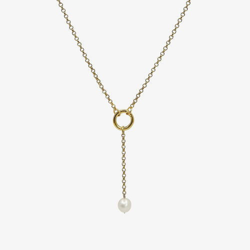 Aura Pearl Lariat Necklace - gold Y-chain with ring connector and freshwater pearl drop | Token & Pearl