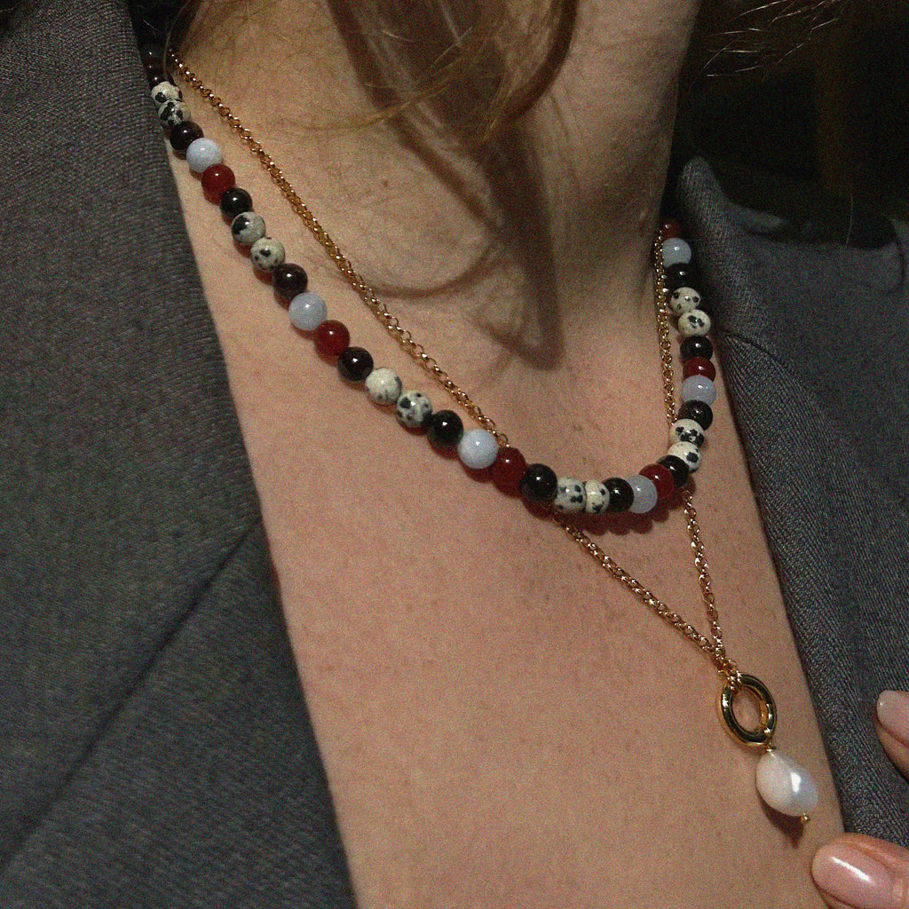 Paloma Gemstone Bead Necklace - worn layered with Petite Cloud Pearl Necklace on model for jewellery styling | Token & Pearl