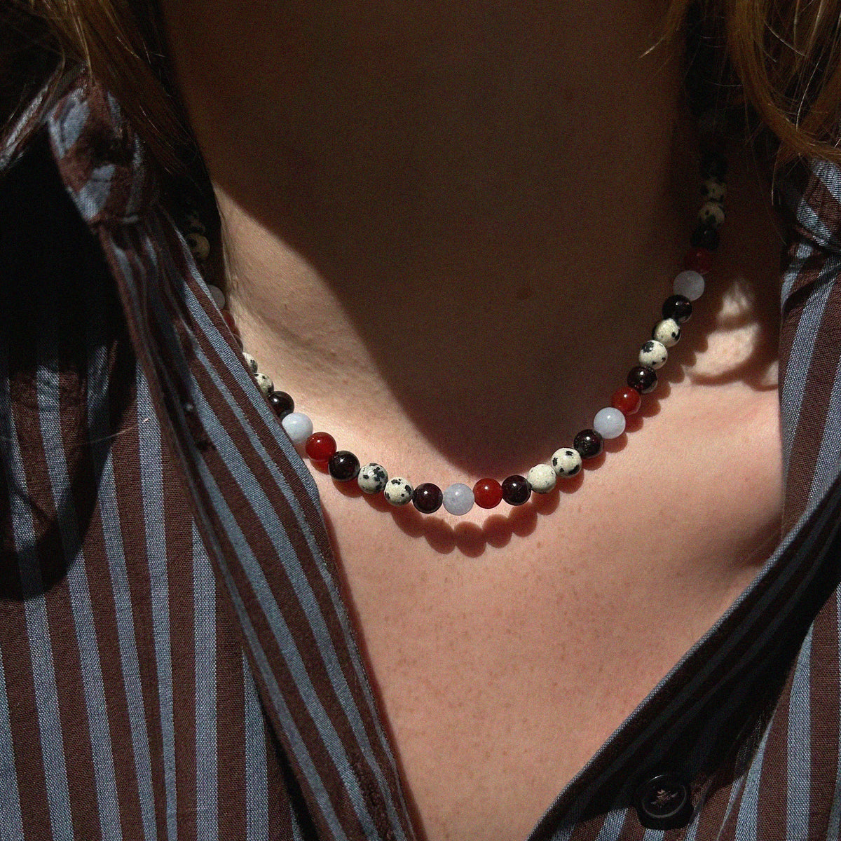 Paloma Gemstone Bead Necklace - worn on model showing fit, length, and multi-coloured gemstone beaded pattern | Token & Pearl