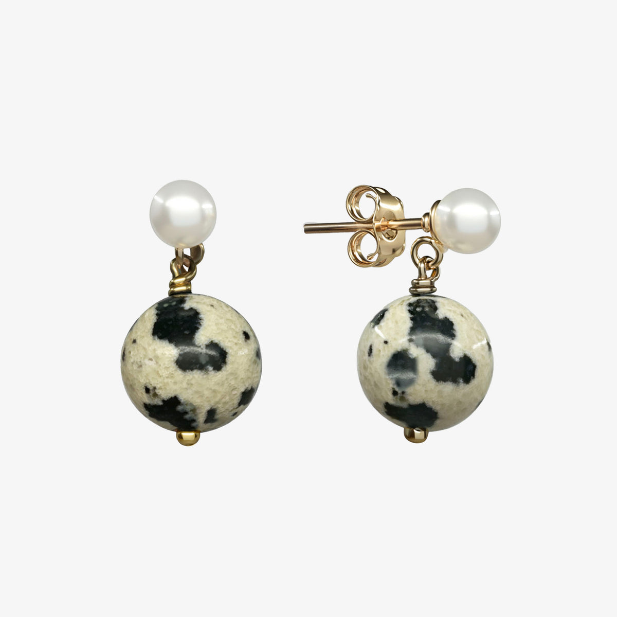 Dalmatian Jasper Pearl Stud Earrings - close-up pair showing spotted jasper gemstone drops and freshwater pearl studs | Token & Pearl