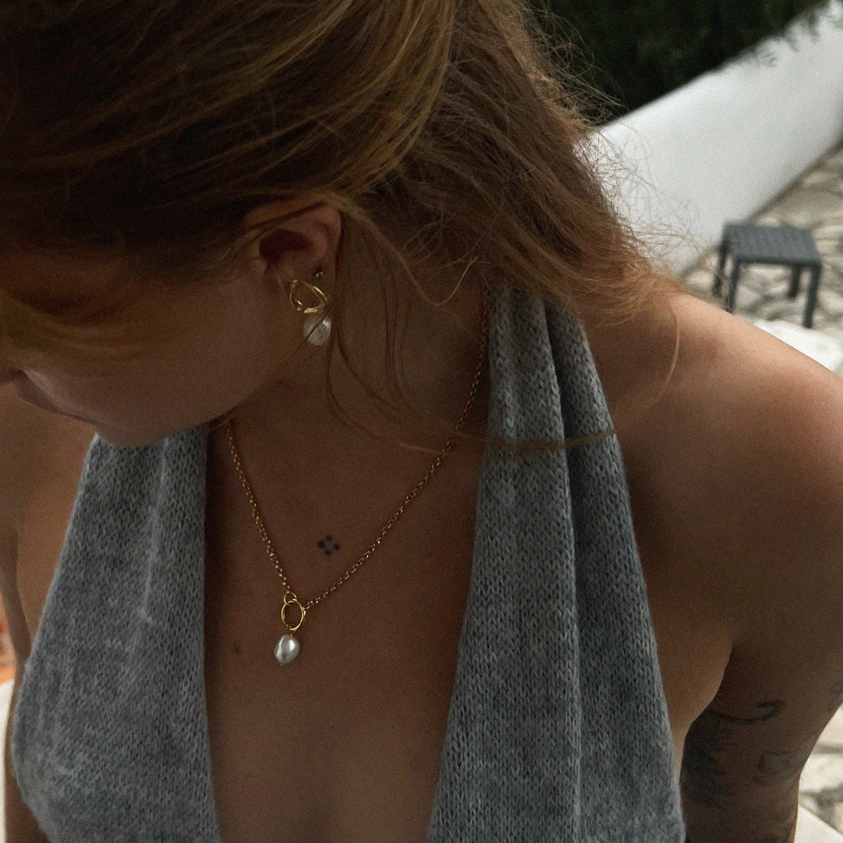 Ripple Pearl Drop Stud Earrings - worn on model paired with Petite Cloud Pearl Necklace for jewellery styling | Token & Pearl